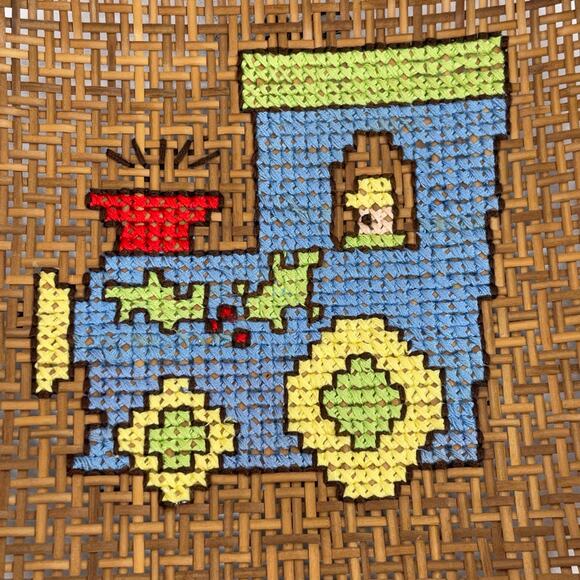 Handcrafted Cross Stitch Needlepoint Train Wicker Basket Bowl Decor Catchall - Picture 2 of 5
